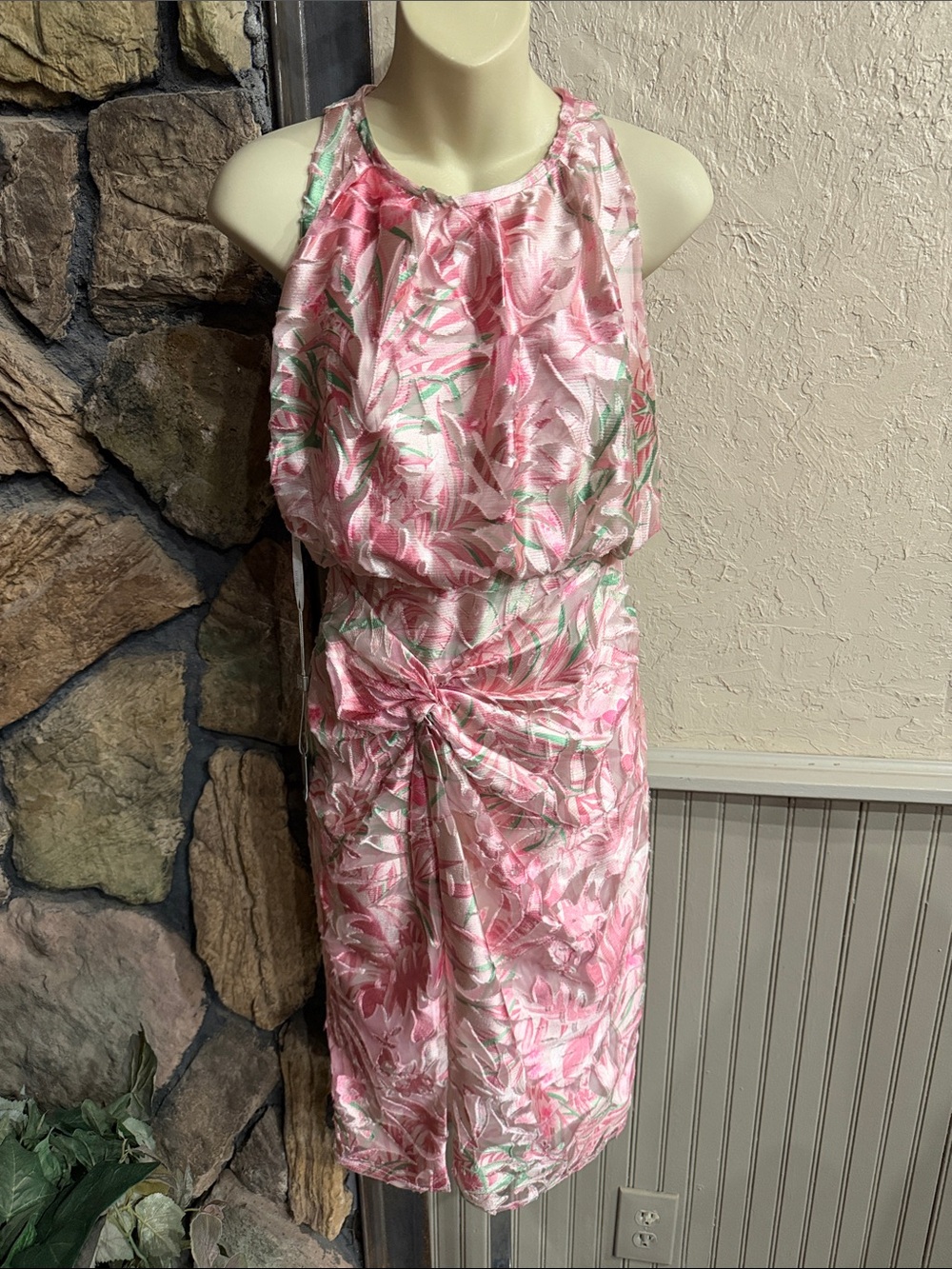 Tadashi Shoji Pink Floral Halter Dress with Green Accents